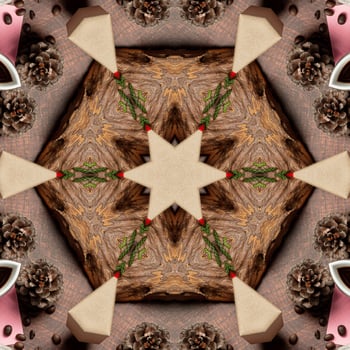 Abstract kaleidoscope background with square dimensions. Beautiful multicolor kaleidoscope texture.  with a brown base color with a little extra pink, green and red photo