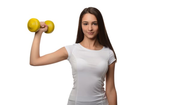 Determined woman losing weight and exercising with dumbbells photo