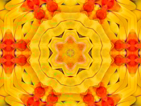 Yellow feather kaleidoscope floral pattern with some blue and red color. Abstract unique and aesthetic background. photo