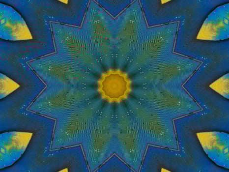 Yellow feather kaleidoscope floral pattern with some blue and red color. Abstract unique and aesthetic background. photo