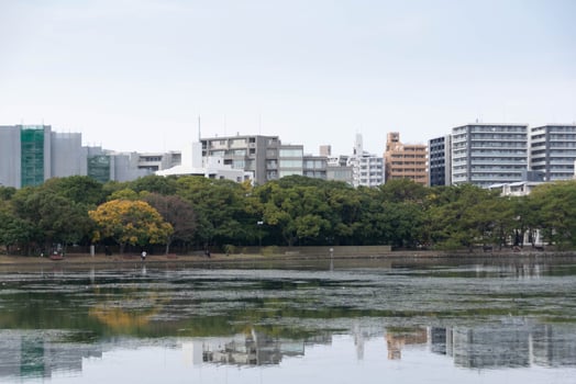 view of city town skyline over the pond lake natural view under daytime in japan, big city with natural lake public photo