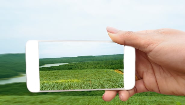 Woman make photo on smartphone, using phone in hand, travel nature river and mountain