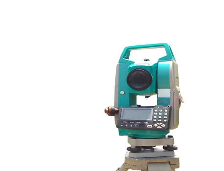 Green electronic theodolite on rihgt side on white background. photo