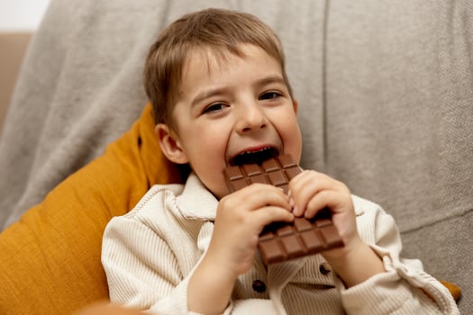 Little adorable boy sitting on the couch at home and eating chocolate bar. Child and sweets, sugar confectionery. Kid enjoy a delicious dessert. Preschool child with casual clothing. Positive emotion. photo