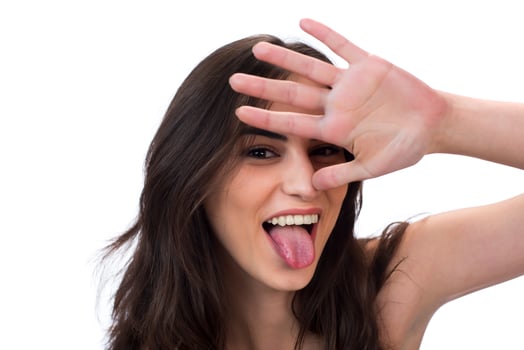 woman with weird expression isolated on white photo