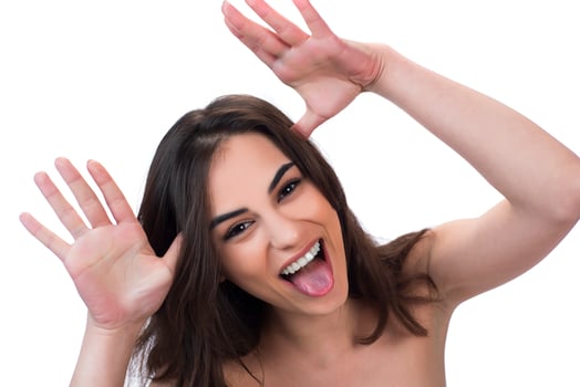 woman with weird expression isolated on white photo