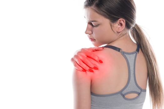 woman with shoulder pain.Acute Inflammation in a woman shoulder. Concept photo with read spot indicating location of the pain.
