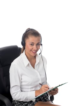 Personal assistant in the business. Hot helpline worker. Female Operator of call center with headset in white shirt photo
