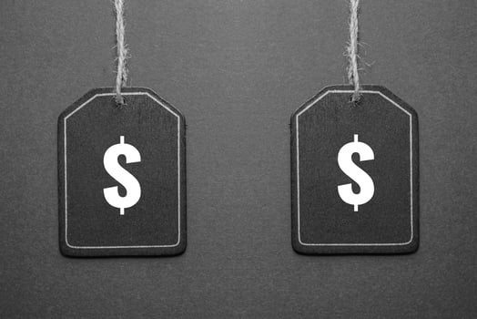 black price tag with dollar sign on the black background, black mockup photo