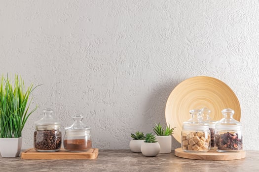the background of kitchen utensils with empty space for text. the concept of home kitchen decor. environmentally friendly items. photo