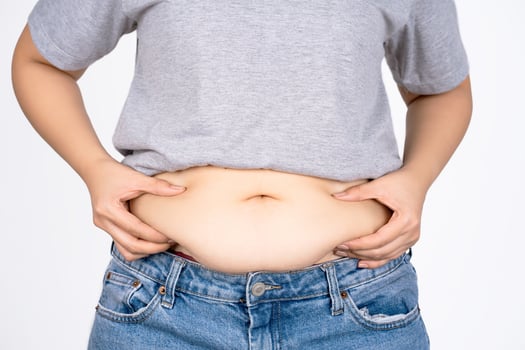 Woman's hand holding belly on white background with copy space. Obesity concept. photo