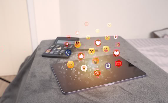 Social media and online digital concepts Coming out as a hologram icon Concept holiday living and social media social distancing. photo
