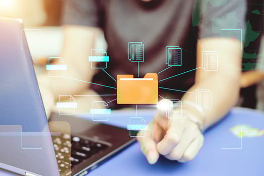 Document management system concept, folder and document icon software, searching and managing files online document database, for efficient archiving photo