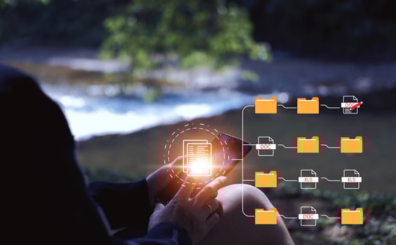 Document management system concept, folder and document icon software, searching and managing files online document database, for efficient archiving photo