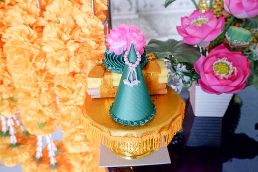 equipment for worship There is a garland made of realistic flowers. photo