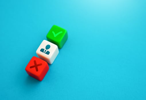 Acceptance or rejection of a candidate for a job. Make a decision. Yes or no. Recruiting an employee based on the result of the interview. Human resources. Candidacy approval. Hire and recruit. photo