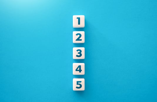 Blocks with numbers. Five steps, points. To do list. Organization and systematization. Business planning. Problem solving. Roadmap agreement. According the plan. Step by step progress. photo