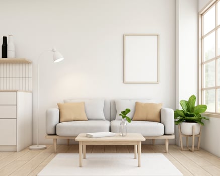 Japandi style living room decorated with minimalist sofa and chair, white wall and picture frame. 3d rendering photo