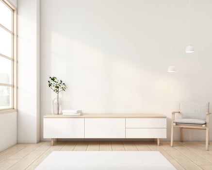 Japandi style living room decorated with minimalist tv cabinet. 3d rendering photo