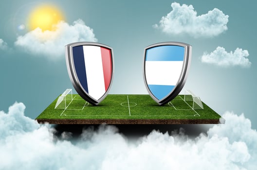 Argentina vs France Versus screen banner Soccer concept. football field stadium, 3d illustration photo