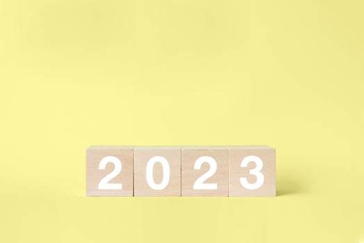 2023 business growing growth concept to success. woods block step with icon concept about business strategy, Action plan, Goal and target, hand stack, project, vision. photo