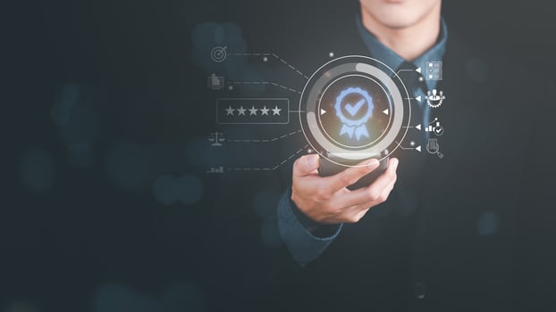 best quality assurance concept for product assurance, standard quality. business insurance Industry Certification, Guarantee, Product Certification Management,Businessman showing pointing virtual icon photo