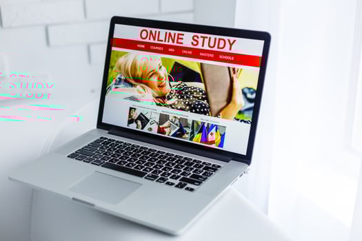 sofa with laptop choosing online course for self education, personal training or qualification improvement. student distant study. photo