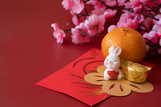 Chinese New Year of the rabbit festival concept. Mandarin orange, red envelopes, rabbit and gold ingot decorated with plum blossom on red background. photo
