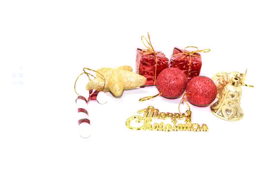 Christmas elements Christmas gift pine branches toy on a white background Laid flat, the top view is a festival celebrated by people all over the world. photo