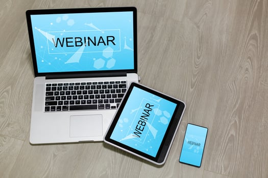 Modern laptop, mobile phone, tablet, Webinar online, internet education, e-learning concept. photo