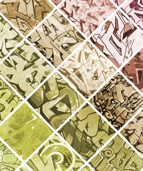 A set of many small fragments of graffiti drawings. Street art abstract background collage in yellow colors photo