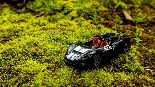 Minahasa, Indonesia  saturday, 10 December 2022, a toy car on green mossy ground photo
