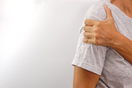 Woman suffering from upper arm. Healthcare and office syndrome concept. Healthcare and office syndrome concept. photo
