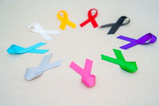World cancer day, February 4. Colorful ribbons for supporting people living and illness. Healthcare, fighting, medical and National Cancer Survival day, Autism awareness day concept photo
