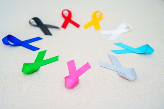 World cancer day, February 4. Colorful ribbons for supporting people living and illness. Healthcare, fighting, medical and National Cancer Survival day, Autism awareness day concept photo