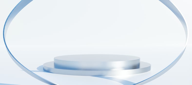 Shiny silver cylinder podium with light white background.  Stand to show products. Modern and luxury pedestal display with copy space. Banner size. Website cover template. 3D rendering. photo