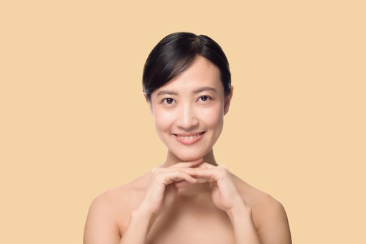 Portrait of beautiful young asian woman clean fresh bare skin concept with clipping path. Asian girl beauty face skincare and health wellness, Facial treatment, Perfect skin. photo