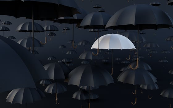 Different, unique and standing out of the crowd umbrella, 3D Rendering photo