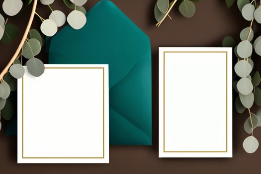 Mockup for a letter or wedding invitation with branches and leaves. Natural light and shade coverage. photo