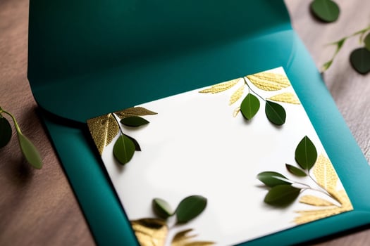 Mockup for a letter or wedding invitation with branches and leaves. Natural light and shade coverage. photo