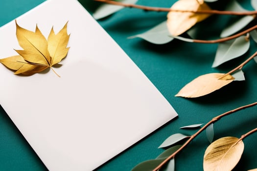 Mockup for a letter or wedding invitation with branches and leaves. Natural light and shade coverage. photo