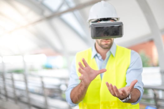 Caucasian man use VR glasses watching video for entertainment, work, free time and study. Virtual reality technology concept. photo