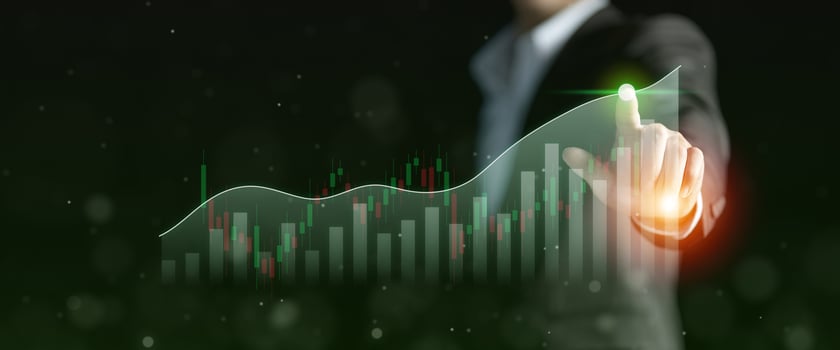 Businessman hand pointing graph to success, growing growth business financial concept, Graph of financial investment and stock market plan analysis photo