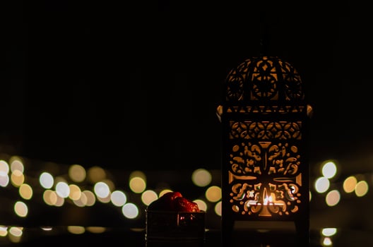 Lantern and dates fruit with bokeh light in dark background for the Muslim feast of the holy month of Ramadan Kareem. photo