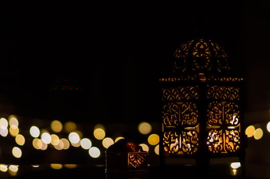 Lantern and dates fruit with bokeh light in dark background for the Muslim feast of the holy month of Ramadan Kareem. photo