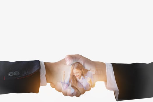 Marketing, finance, planning, businesswoman showing joy at business success Double exposure photo for business people to shake hands success on white background of business ideas