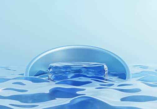 Blue cylinder podium with water texture on blue background.  Stand to show products. Fresh ocean water pedestal display with copy space. Banner size. Website cover template. 3D rendering. photo