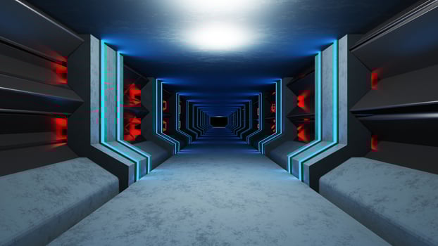The neon blue airlock tunnel glows around the corridor on the reflective concrete floor. photo