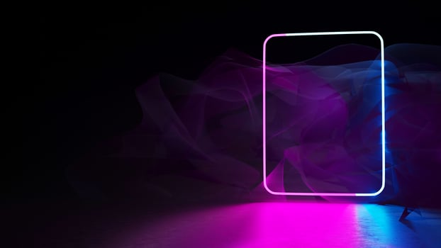 3d, blue pink neon square frame, grungy smog background, space background, photo