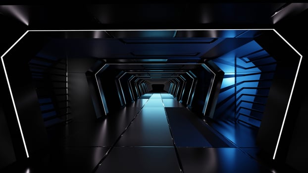 The neon blue airlock tunnel glows around the corridor on the reflective concrete floor. photo